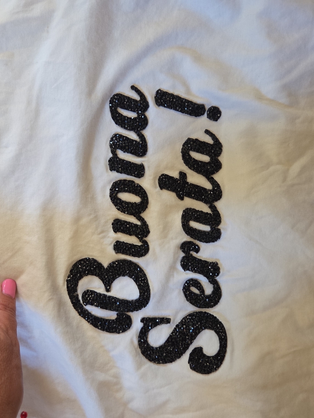 H&M White Women's Tee with Black Sequin 'Buena Serata' Script